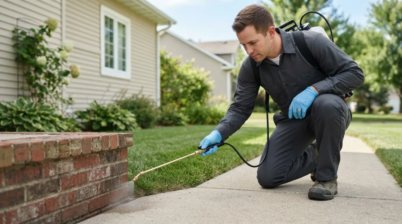 Pest control technician treating a home near Fort Totten, ND