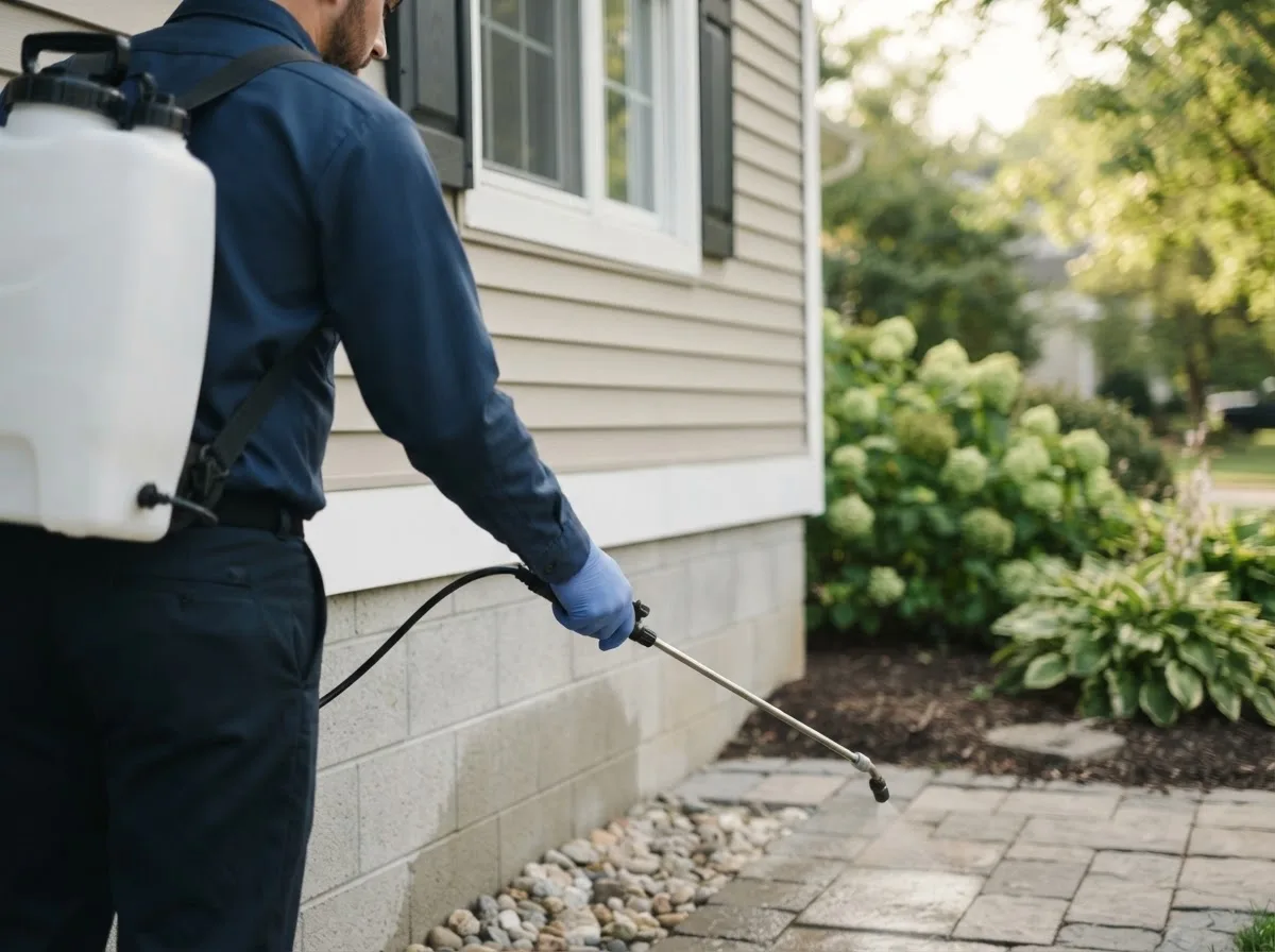 Pest control technician inspecting a home in Fort Totten, ND